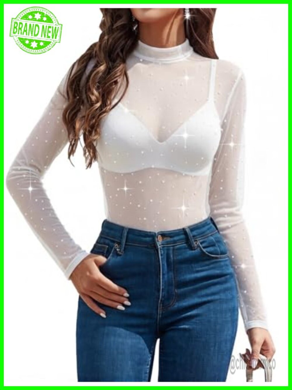 Avidlove Rhinestone Mesh Top Womens Sheer See Through Long Sleeve Clubwear